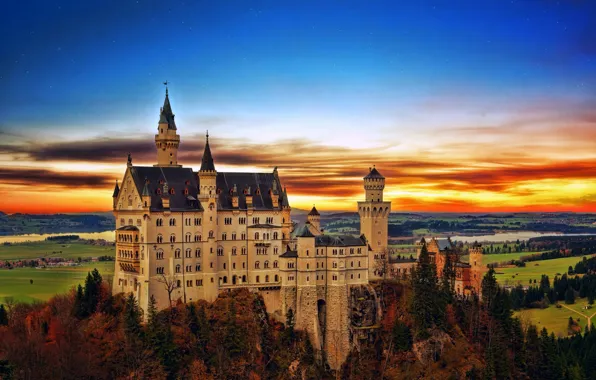 Закат, Деревья, Германия, Замок, Бавария, Germany, Нойшванштайн, Bavaria