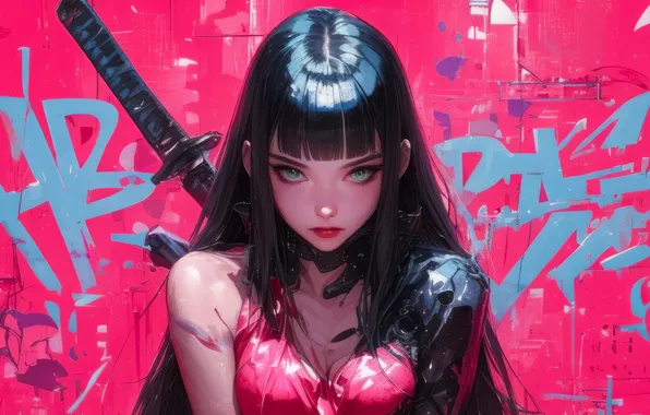 Girl, Anime, Katana, Pink Background, Anime Girl, Ai Generated