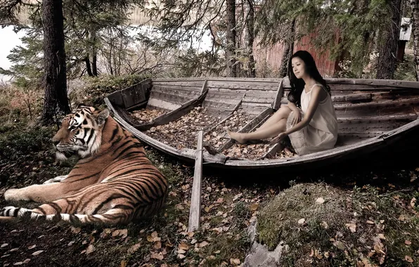 Картинка девушка, тигр, лодка