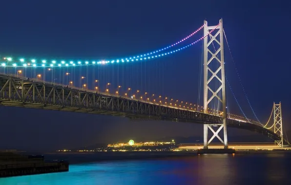 Картинка ночь, мост, огни, Japan, Akashi strait bridge