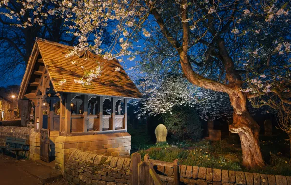 Картинка вечер, подсветка, церковь, Peak District, Баслоу, Англия.