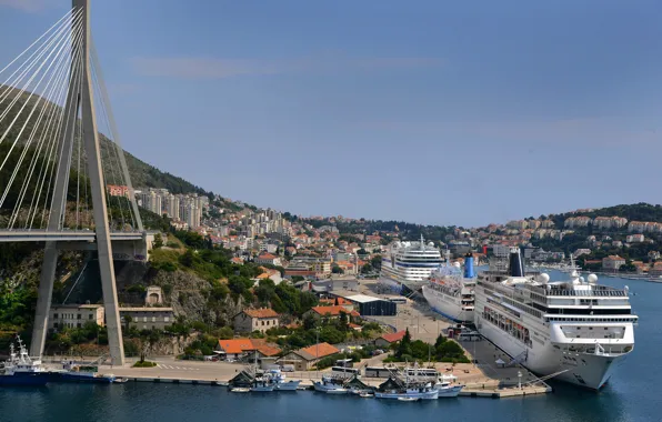 Мост, корабль, дома, причал, опора, панорама, лайнер, Хорватия