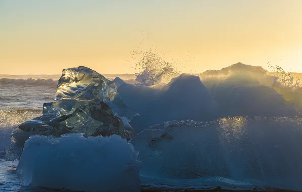 Waves, ice, beach, sea, ocean, sunset, splash, sunlight