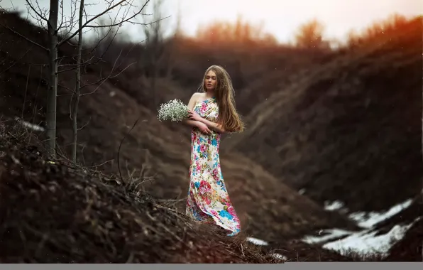 Картинка девушка, цветы, природа, платье, боке, Karen Abramyan, the arrival of spring