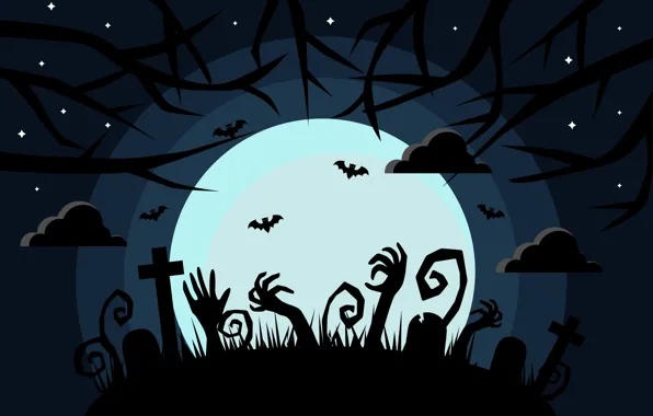 Картинка Ночь, Луна, Тучи, Halloween, Хеллоуин, Зомби, Кладбище, Страшно