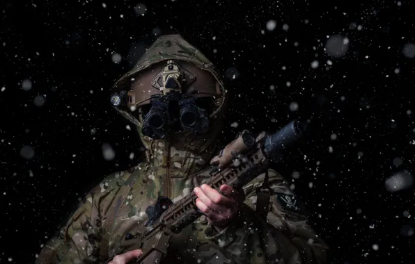 Картинка снег, оружие, солдат, экипировка