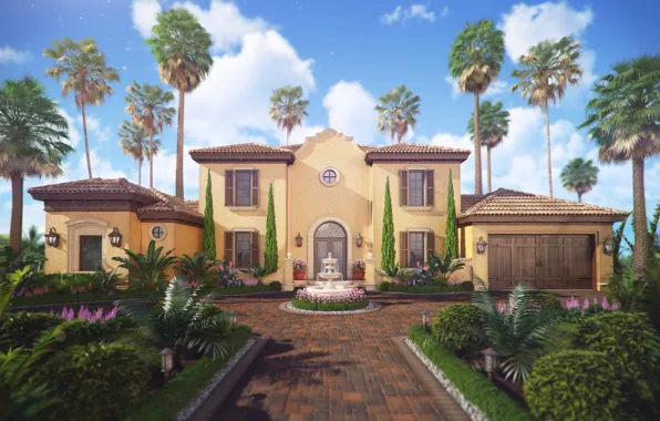 Брусчатка, двор, фонтан, строение, Spain Villa De La Rosa