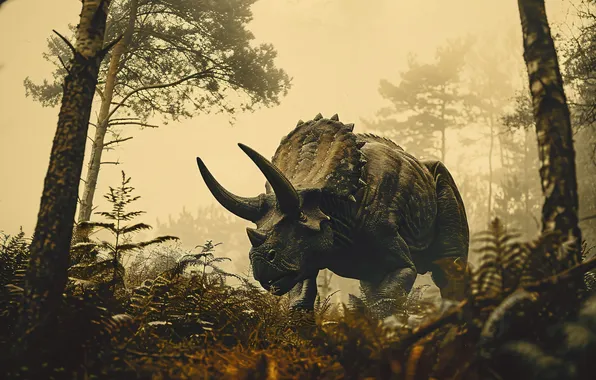 Деревья, Динозавр, Рога, Triceratops, Животное, Цифровое искусство, Трицератопс, Древние животные