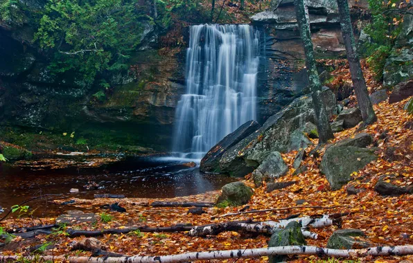 Картинка осень, лес, листья, деревья, река, камни, водопад
