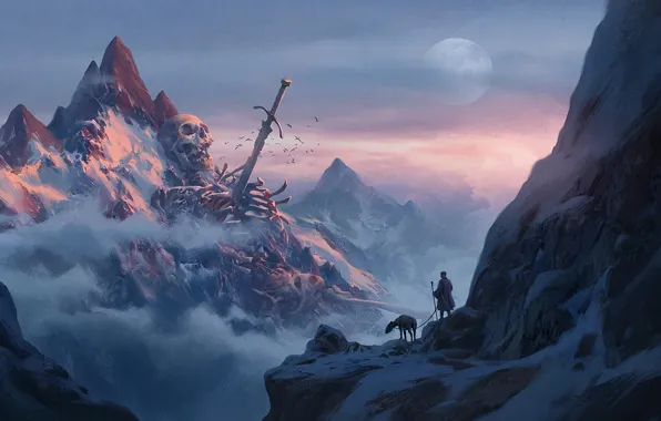 Картинка skull, moon, sword, fantasy, sky, weapon, mountains, clouds