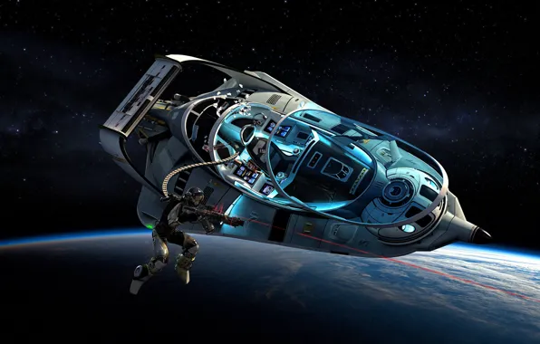 Планета, космонавт, лазер, летательный аппарат, Orbital Drive By
