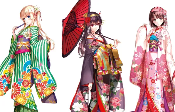 Waves, yukata, flower, green eyes, umbrella, anime, blue eyes, beautiful