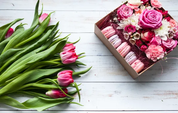 Цветы, коробка, подарок, букет, wood, pink, тюльпанов, macaron