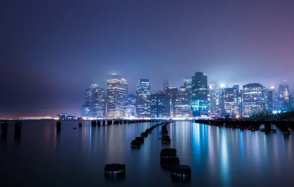 Картинка город, огни, туман, здание, Нью-Йорк, New York