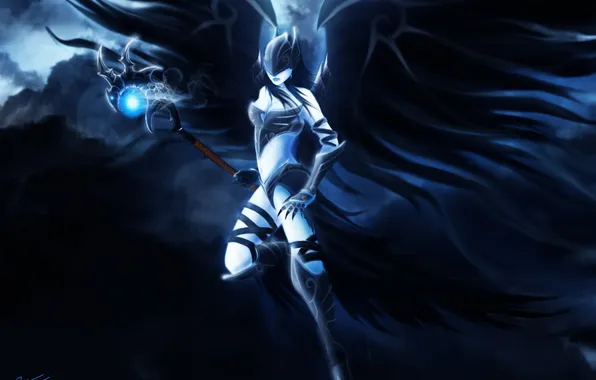 Девушка, крылья, шлем, посох, World of Warcraft, Val'Kyr, Wrath of the Lich King