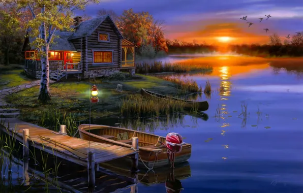 Картинка осень, пейзаж, закат, озеро, лодка, утки, арт, фонарь