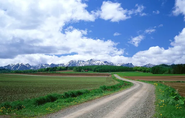 Дорога, поле, облака, горы