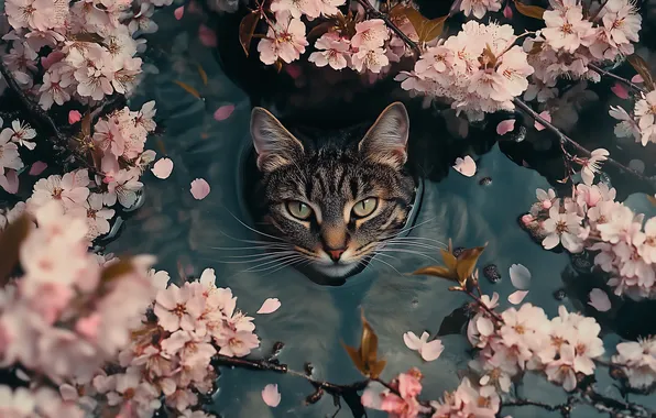 Кошка, кот, взгляд, цветы, ветки, поза, пруд, серый