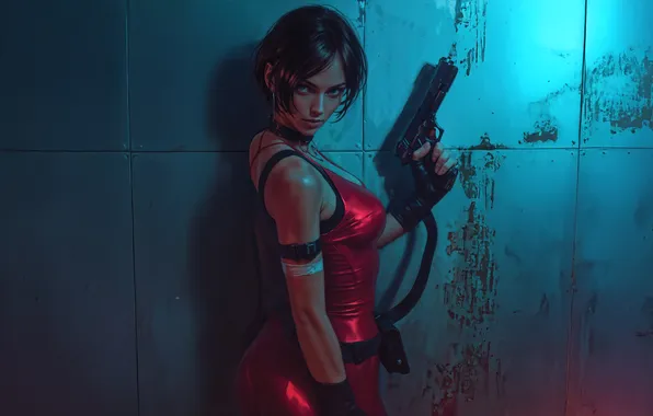 Girl, gun, resident evil, look, red dress, Ada Wong