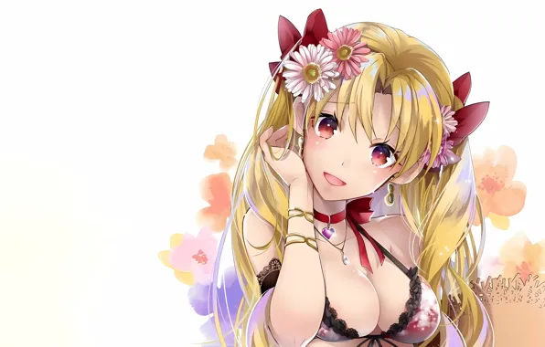 Girl, sexy, cleavage, long hair, boobs, anime, flowers, beautiful