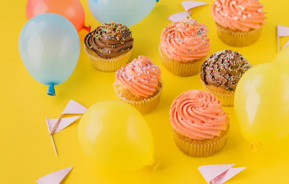 Воздушные шары, шоколад, крем, кексы, День рождения, balloons, cupcakes