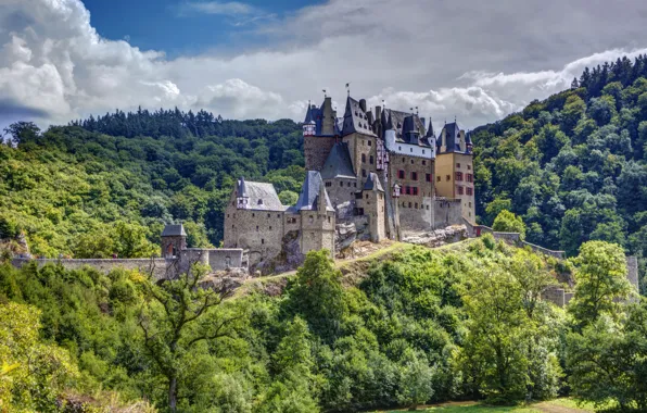 Картинка лес, деревья, гора, Германия, Eltz Castle, замок Эльц