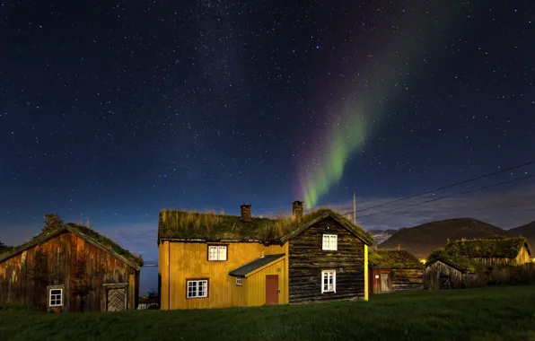 Houses, bay, northern lights, aurora borealis, turf houses