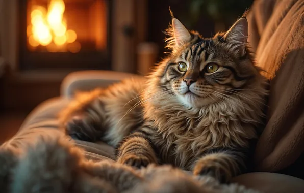 Кошка, кот, взгляд, свет, поза, уют, огонь, кресло