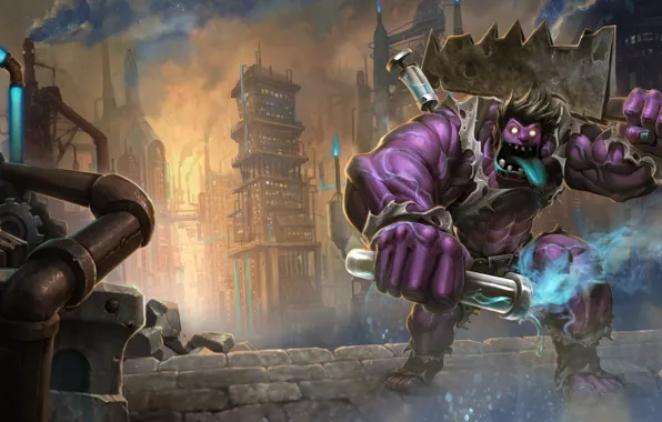 Город, оружие, фэнтези, League of Legends, Riot Games, Dr. Mundo