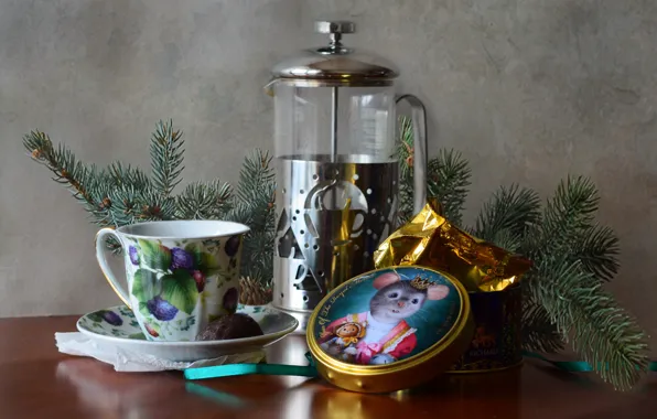 Картинка стол, чай, новый год, чайник, лента, чашка, ёлка, натюрморт