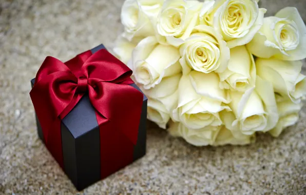 Картинка коробка, подарок, розы, love, бант, heart, flowers, romantic
