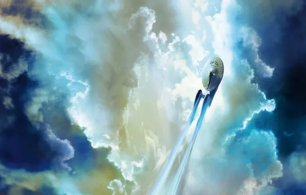 Картинка небо, облака, полет, фантастика, Enterprise, Звездный путь, Star Trek, космический корабль