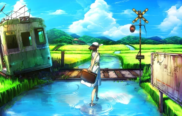 Картинка вода, девушка, пейзаж, река, табличка, шляпа, арт, вагон
