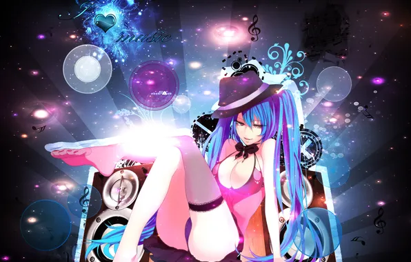 Девушка, чулки, music, шляпка, vocaloid, hatsune miku, вокалоид, хатсуне мику