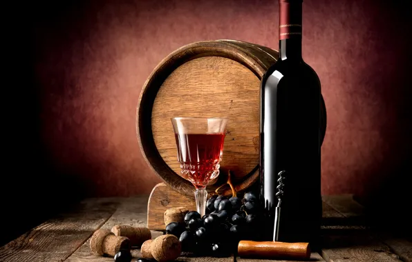Картинка стол, вино, красное, доски, бокал, бутылка, виноград, пробки