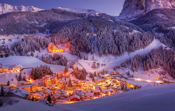 Картинка зима, снег, горы, огни, долина, Италия, Доломитовые Альпы, Валь-Гардена