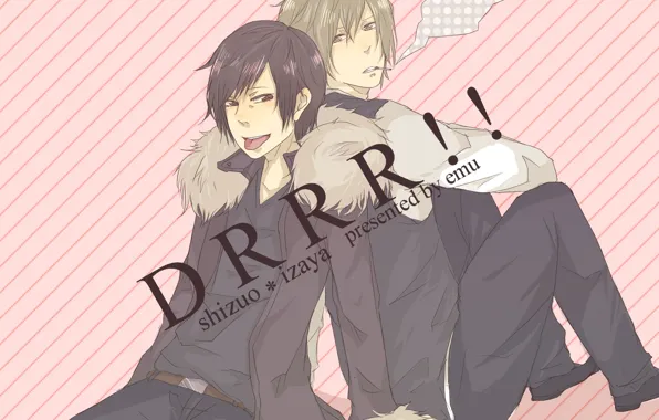 Дым, парни, сидят, спина к спине, Durarara, Дюрарара, Изая Орихара, Хейваджима Шизуо