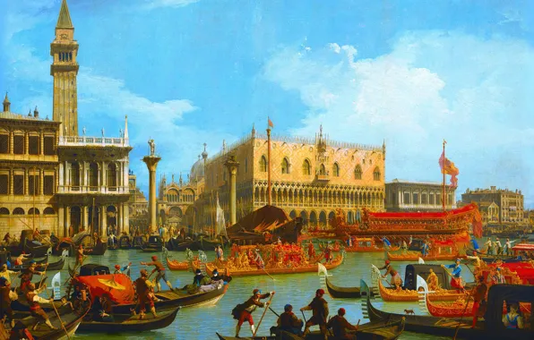 Картинка картина, лодки, Венеция, гондола, городской пейзаж, Каналетто, Джованни Антонио Каналь, Возвращение Бучинторо к Молу у …