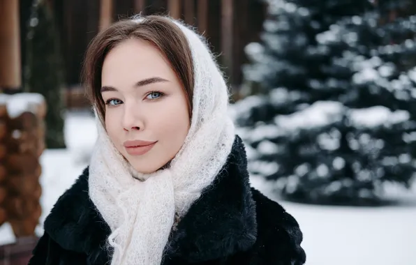 Зима, взгляд, девушка, платок, Liza, боке, шубка, Kirill Sokolov