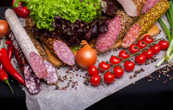 Лук, доска, перец, овощи, помидоры, колбаса, салат, tomatoes