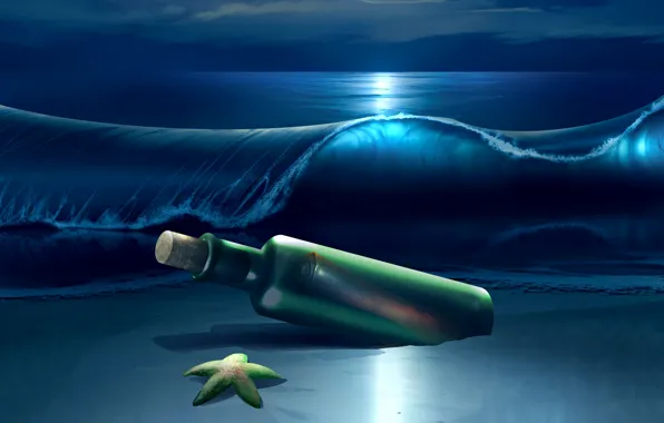 Картинка море, волны, ночь, бутылка, морская звезда, wave, starfish, bottle