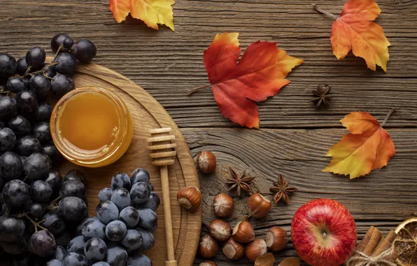 Картинка осень, листья, фон, доски, colorful, урожай, виноград, фрукты