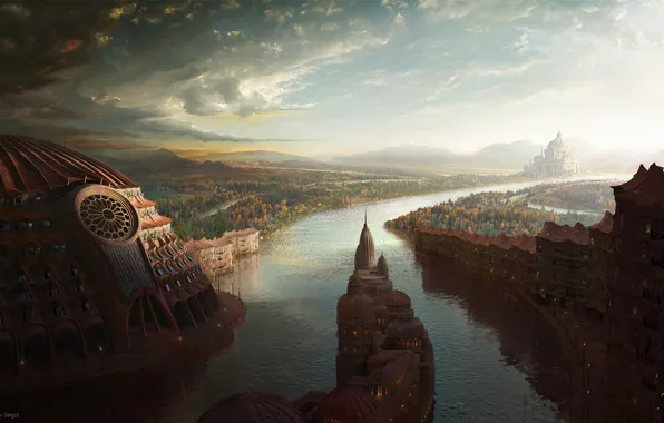 Картинка город, река, утро, Peter Swigut