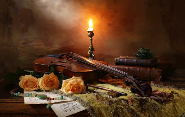 Картинка скрипка, книги, розы, свеча