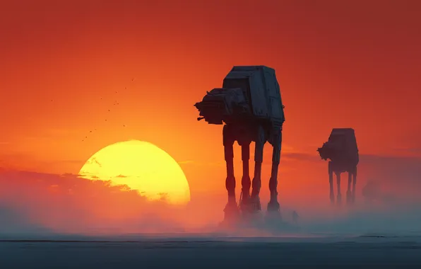 Star Wars, sunset, science fiction, clouds, orange, AT-AT, silhouette