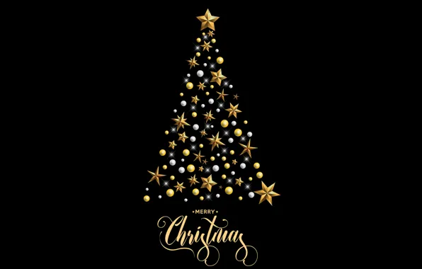 Картинка украшения, золото, елка, Новый Год, Рождество, golden, черный фон, black