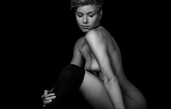 Black&white, breast, monochrome, short hair, nude, stocking, freckles, Anastasia Zhilina