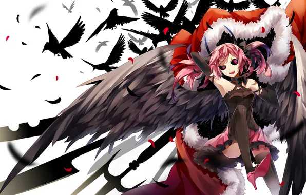 Картинка девушка, птицы, крылья, арт, вороны, рога, pixiv fantasia, tsukii