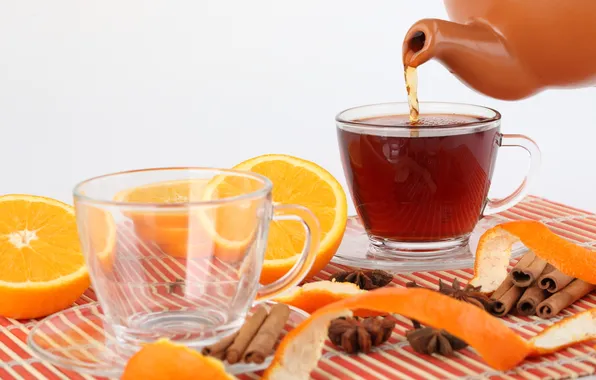 Чай, апельсин, чайник, чашки, корица