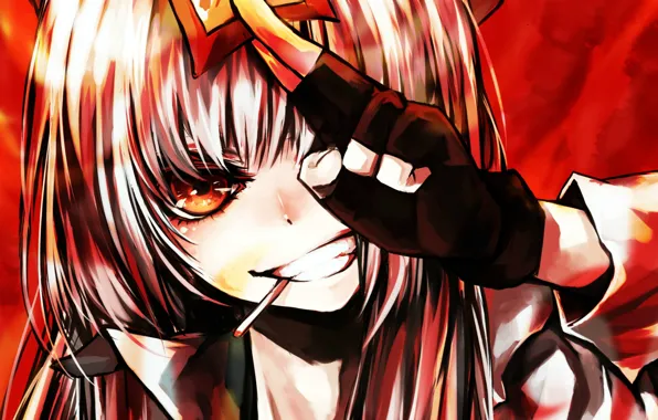 Лицо, улыбка, рука, сигарета, перчатка, touhou, Fujiwara no Mokou